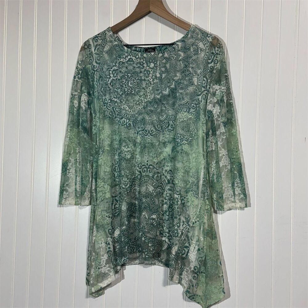 Cal Style‎ Green Mandala Print Mesh Tunic Top Asymmetrical Hem Sheer Boho Small